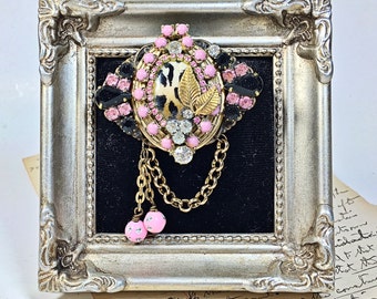 Linda Vintage Collage Brooch Pin Pink Leopard Rhinestone chain