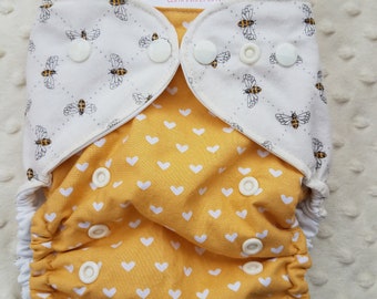 One Size, cloth diaper cover, cotton over PUL with AI2 option, Bees with white hearts on mustard yellow
