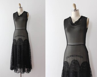 vintage 1930s dress // early 30s black silk and lace sheer dress