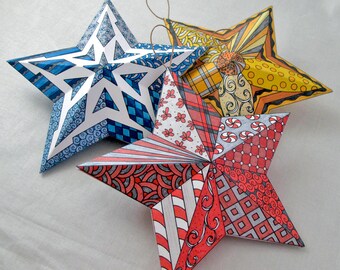 Holiday Ornaments - 3D Paper Star Ornaments - Zentangle Christmas Ornaments