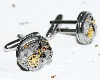 BULOVA Men Steampunk Cufflinks - Rare Silver TEXTURED Vintage Watch Movement Men Steampunk Cufflinks Cuff Links Men Wedding Gift for Men