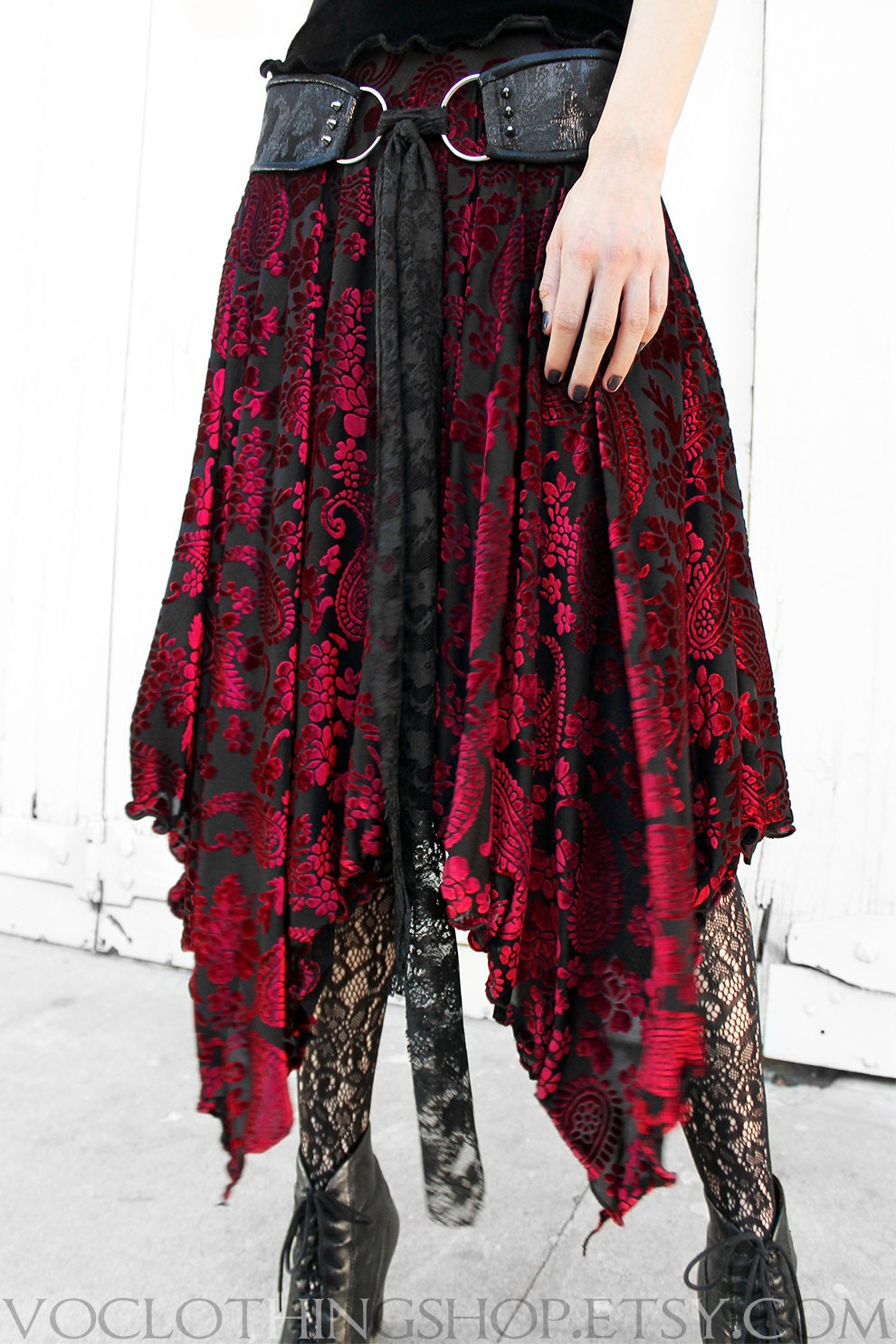 Red Wine Velvet Witchy Stretch Velvet Burnout Maxi Skirt 