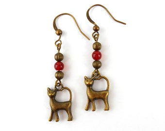 Cat Earrings with Red Carnelian gemstones in Antique Bronze