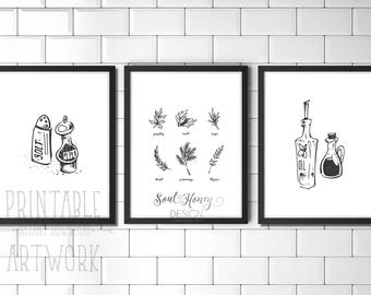 Set of 3 Cooking Prints | Oil and Vinegar | Salt and Pepper | Culinary Herbs | Kitchen Dining Room Wall Art Decor | Downloadable Prints