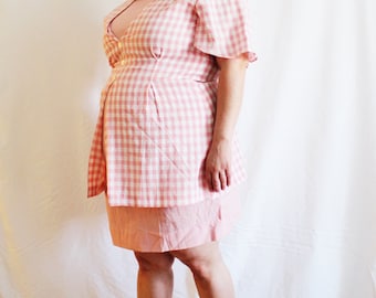 Plus Size - Vintage Pink Gingham Layered Sheath Dress (Size 16/18)