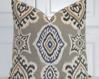 IKAT -Decorative Pillow Cover - Gray Pillow - Navy Tan Charcoal Accent Pillow - Kilim Pillow