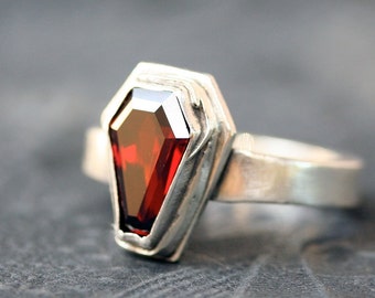 True Blood Garnet Gemstone Coffin Ring Sterling Silver Free Domestic Shipping