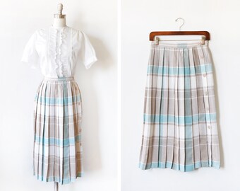 vintage pleated plaid skirt, 80s blue + tan midi skirt, 1980s button up wrap skirt, small s