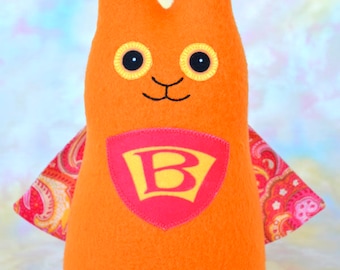 Superhero Bunny Rabbit Handmade Stuffed Animal, Orange, Red Fleece, Plush Kids Baby Toddler Art Toy, Hug Me Bunny, Personalized Tag, 9 inch