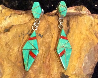 Native American Style Sterling Silver Turquoise and Red Coral Inlay Vintage Dangle Earrings