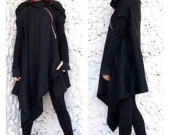 Asymmetric Extravagant Black Coat, Black Extravagant Coat, Loose Black Hooded Jacket, Black Hoodie TC03 by TEYXO