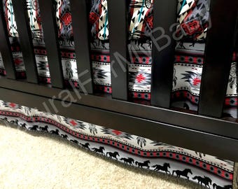 Red Black Crib Skirt Dream Catcher Horses Straight Crib Skirt Aztec Skirt Tribal Tucson Crib Skirt Boy Crib Bedding Skirt Woodland Nursery