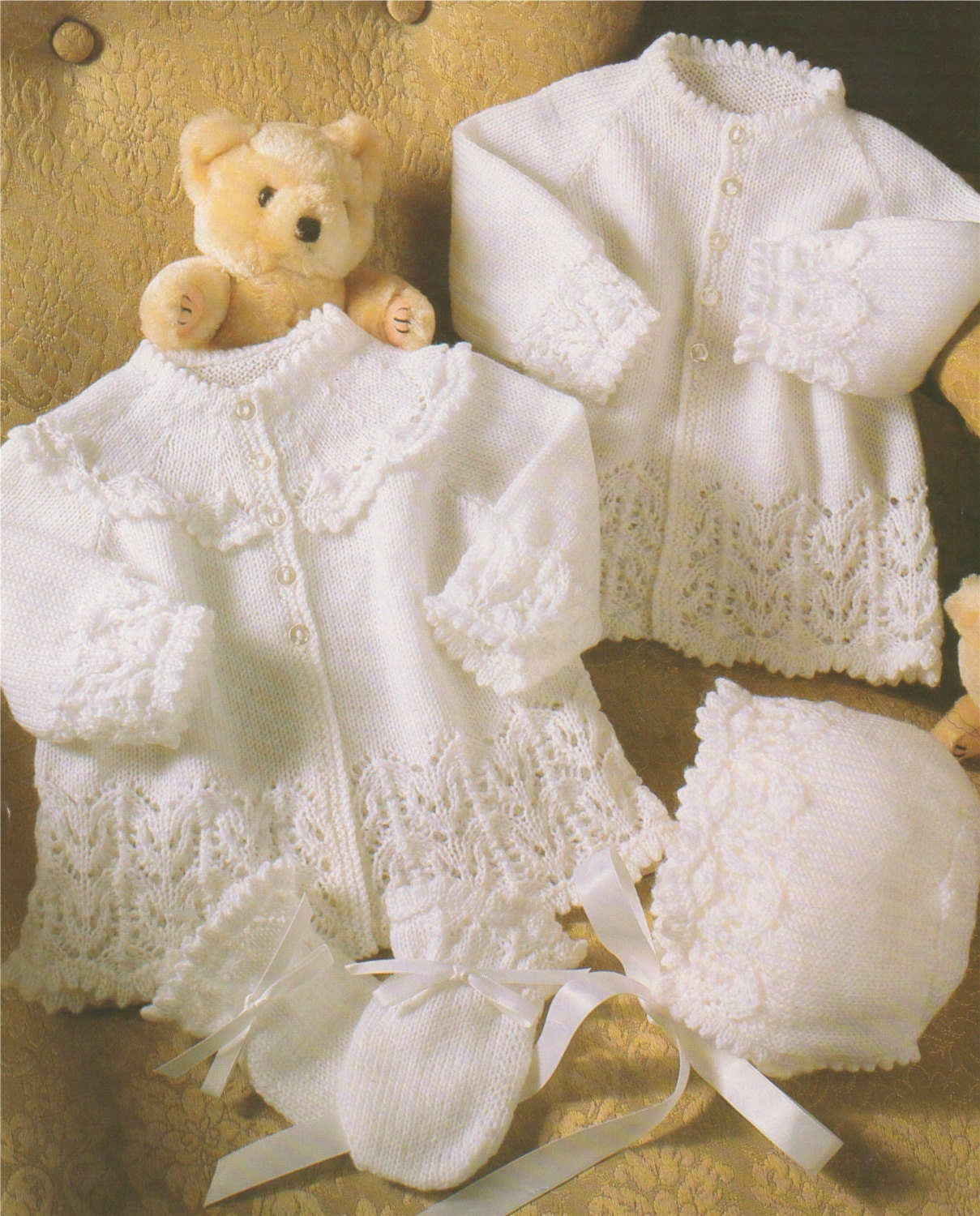 Baby Matinee Coat, Bonnet and Mitts Knitting Pattern : Babies 16, 18