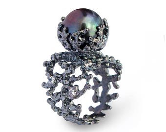CORAL Black Pearl Ring, Black Ring, Silver Statement Ring, Silver Pearl Ring, Black Engagement Ring, Black Silver Ring