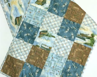 Table Runner Lake Home-Cabin-Cottage House-Rowboats-Dragonflies-Handmade Quilted