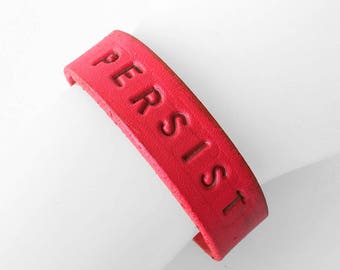 Hot Pink Leather Bracelet Cuff Wristband PERSIST, Eco Friendly Leather, Unique, Skinny Pink Leather Bracelet, Adjustable Snaps, OOAK