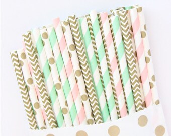 Mint green, pink and gold paper straws-set of 25- Vintage chic mint, pink and gold0 striped paper straws, mint green, pink and gold straws