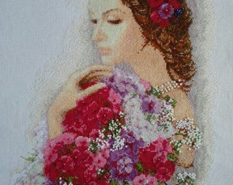 Girl with flowers.Completed Cross Stitch. Handmade embroidery. Wall Decor