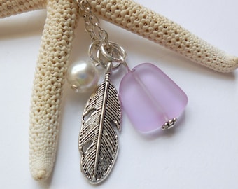 Light Purple Sea Glass Necklace, Beach Glass Necklace, Sea Glass Jewelry, Beach Glass Jewelery, Feather Charm Necklace, Free Shipping in US.