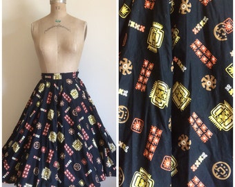 1950s Novelty Print Circle Cotton Skirt 50s Tiki Hawaiian Atomic