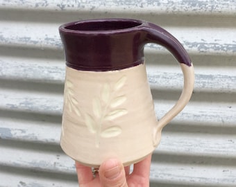 Purple and Pale Pink Pottery Mug Leaf Design Handmade by Daisy Friesen