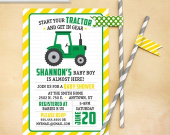 Tractor Baby Shower Invitation Printable Green Yellow