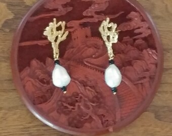 Pendant earrings with Coral branch and pearl drop attachment