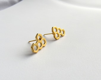 14k Honeycomb Stud Earrings // Bee Jewelry // Gold Plated Earrings