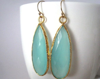Aqua Mint Chalcedony Gold Earring, Long Aqua Mint Chalcedony Earring,