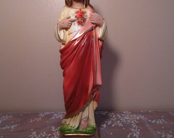 Antique Sacred Heart of Jesus 12" Religious Chalkware Columbia Statuary Made in Italy New Old Stock 1973 Home Altar Prayer Corner Statues