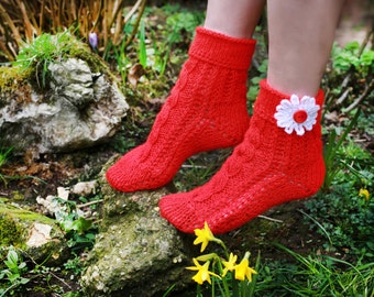Ladies wool socks, Soft knitted socks with daisy, Hand knitted women wool socks with flower, Red girls socks, Grandma gift