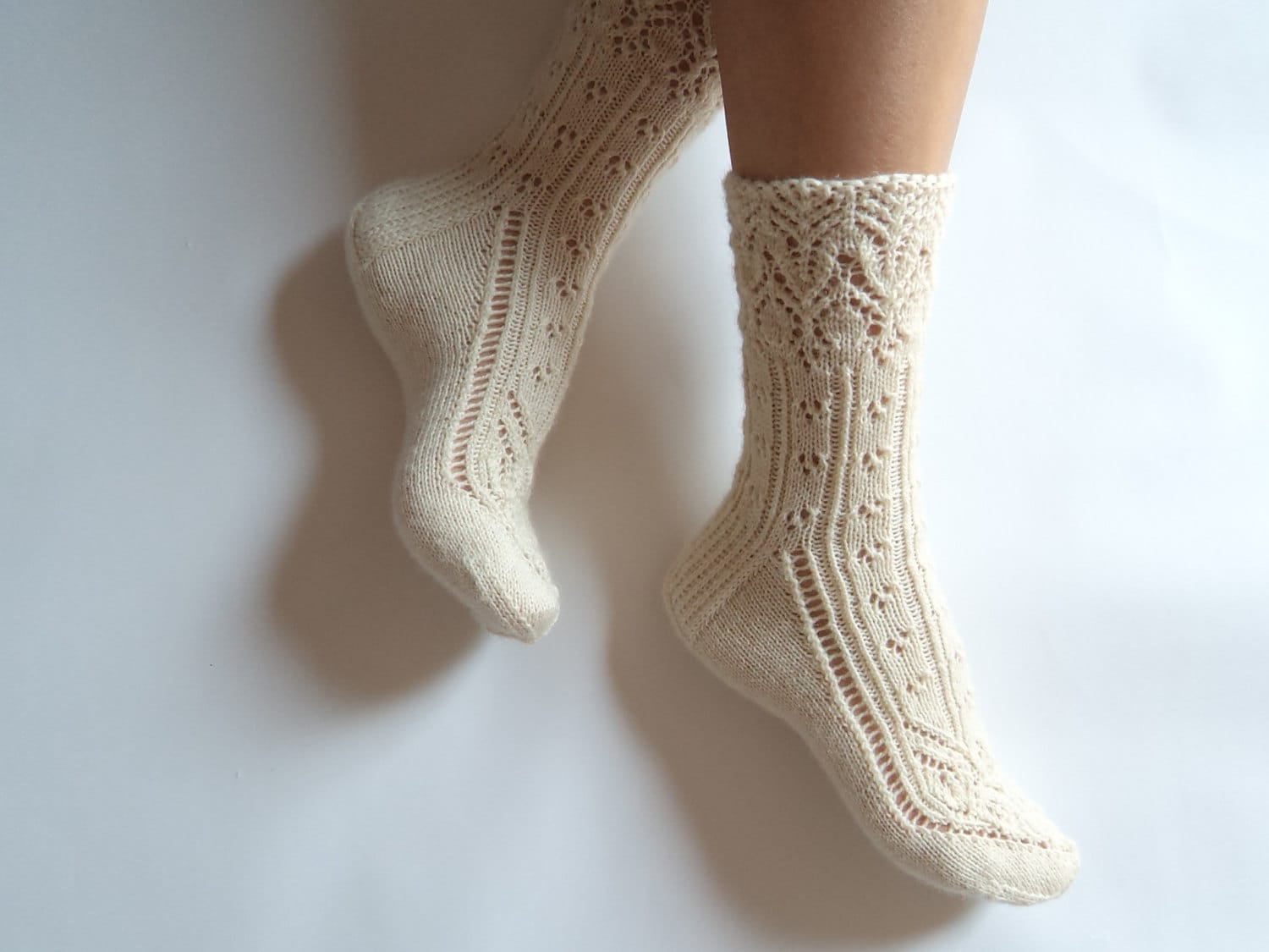 Luxurious hand knit wool socks. White wool lace socks. Gift