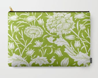 Floral Clutch, Green Cosmetic Bag, Travel Case, Flower Carry All, Green Bridesmaid Bag, Chartreuse Coin Purse, Green Leaves Makeup Bag