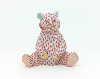 Herend Porcelain Figure Fishnet Red Gold Animal Bear Figurine 9cm 3.5”