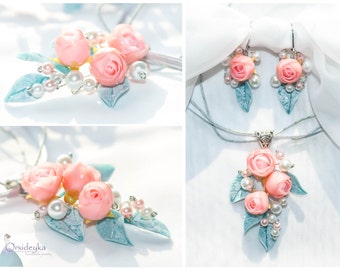Rose pendant Ranunculus pendant Polymer clay pendant Polymer clay jewelry Polymer clay rose Pink rose pendant Blue leaves Flower pendant