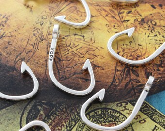10 Fish Hook Charms Fish Hook Pendants Antiqued Silver Tone Double Sided 20 x 36 mm