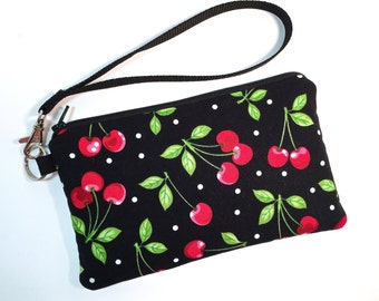 Retro Cherry Wristlet, Pinup Purse, Rockabilly Purse, Rockabilly Clutch, Edgy Handbag, Rocker Chic, Wristlet