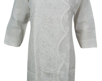 Bohemian Summer Comfy Dress White Cotton Ethnic Embroidered Long Tunic Cover Up Kurti S