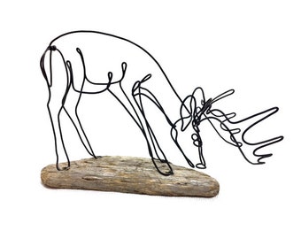 Grazing Buck Wire Sculpture, Deer Wire Sculpture, Deer Wire Art, Trophy Buck Wire Sculpture, 591055744