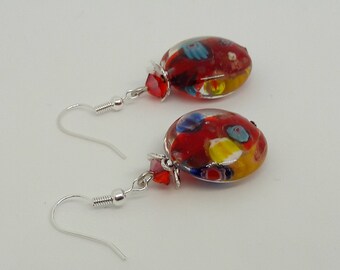 White millefiori - colorful earrings - millefiori earrings - silver jewelry - long earrings-red marbled glass earrings