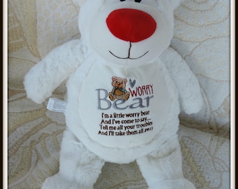 Worry Bear Plushie, White worry doll, secret friend doll, invisible friend, bear stuffed animal, bear plush doll, bear cope gift