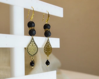 Gold filigree drops greek meander and basalt beads