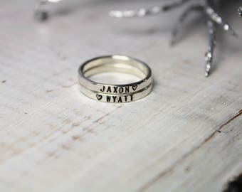 Personalized Rings - Sterling Silver Hammered Hand Stamped 2mm Stacking Rings - Posey Rings - Stackable Rings
