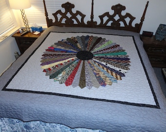 One of a kind 80x86 sized quilt made with mens neckties
