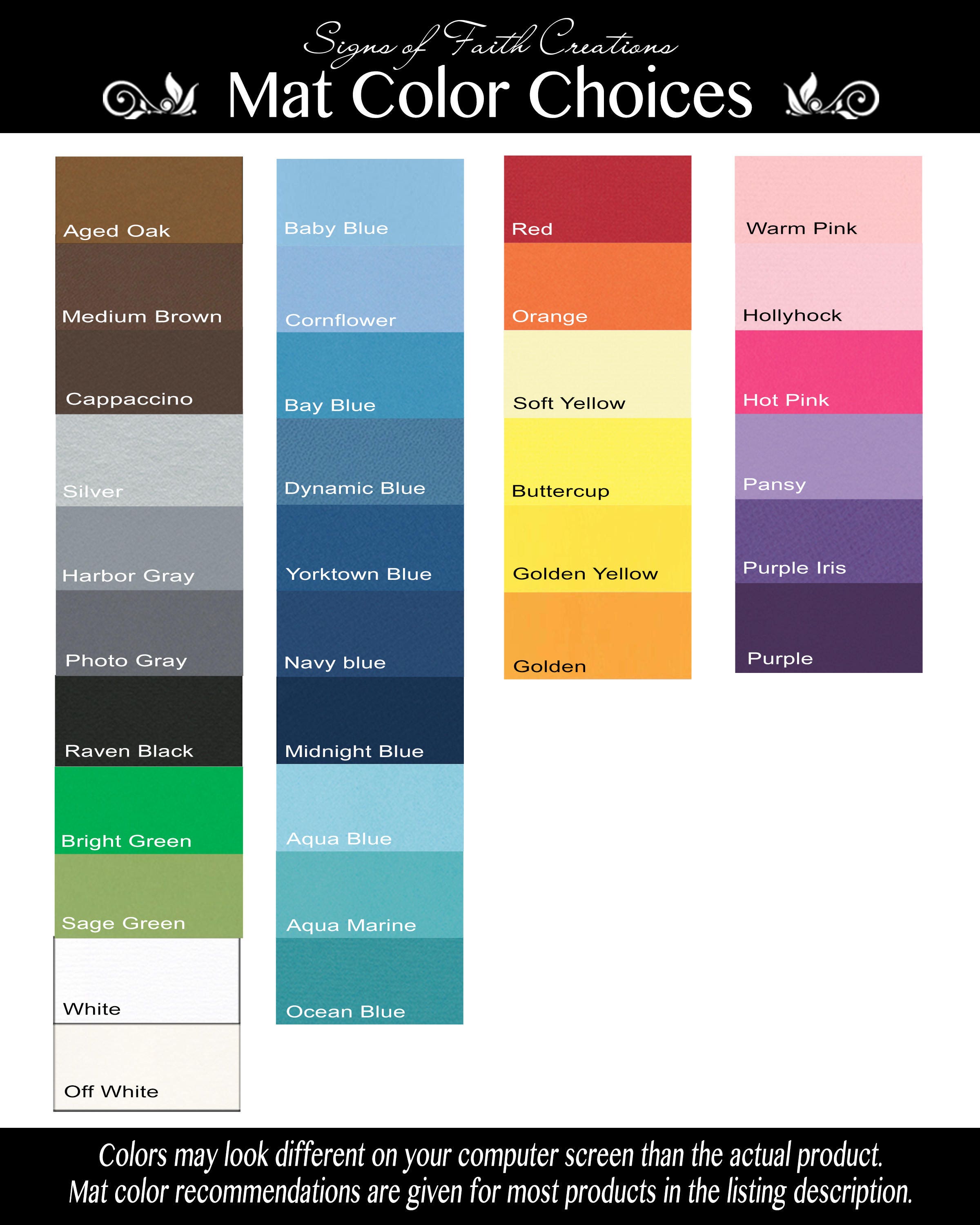 MAT COLOR CHART Not for Sale For informational Purposes