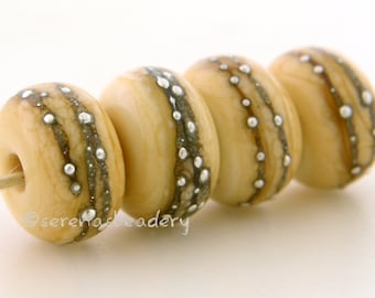 4 DARK IVORY Fine Silver Dots - Handmade Lampwork Glass Beads - taneres - fine silver accents - silver lampwork beads - 11 to 13 mm