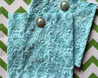 Aqua/Turquoise Lace Boot Cuffs with rhinestone and pearl button