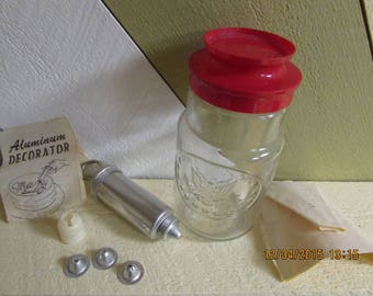 VINTAGE decorator for cake, Mid Century Cake Decorator, VTG with instructions and jar lid red cake decorator