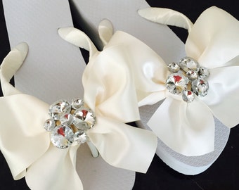 Wedding Flip Flops/Wedges.Bridal Flip Flops.SERIOUS Bridal BLING.Ivory Wedding ShoesBeach Wedding Sandals.Wedding Shoes.Bride Shoes.