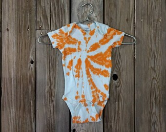 Tie-Dye Onesie Pre-Made in Size 24 Months, Hand Dyed in Orange and White. Premade and Ready to Ship.